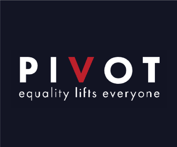 PIVOT logo. PIVOT in white text with a red V and caption "equality lifts everyone" on a black background